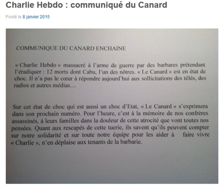 Charlie Hebdo : Communiqué du Carnard